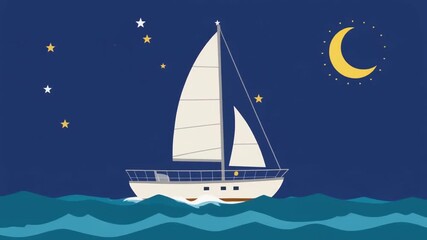 Sailing under the stars on a moonlit night, sailing boat