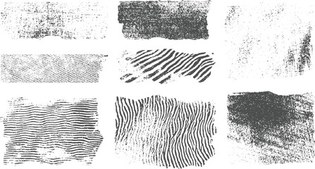 Set of nine grunge textures featuring torn edges and abstract grainy patterns in dark gray and white, distressed background