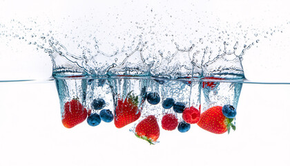 Fresh strawberries and blueberries splashing into clear water