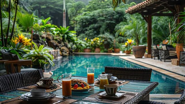 Guests enjoy breakfast at a table near the pool surrounded by green plants and flowers. The scene takes place in a garden during morning hours, showcasing tropical beauty