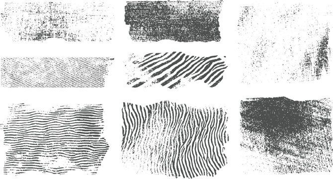 Set of nine grunge textures featuring torn edges and abstract grainy patterns in dark gray and white, distressed background