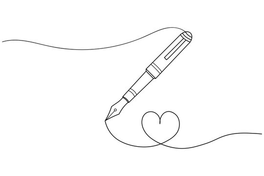 Minimalist continuous line drawing featuring a fountain pen sketching a heart shape. This clean, modern illustration represents love, creativity, and the art of writing on a white background.