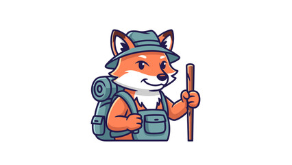 Cartoon fox with backpack and walking stick ready for adventure on white