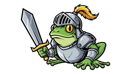 Cartoon frog knight holding sword ready for adventure on white background