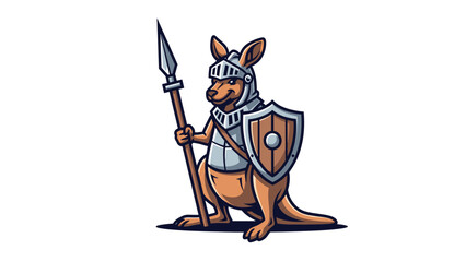 Cartoon kangaroo knight with spear and shield isolated on white background