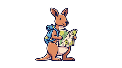 Cartoon kangaroo with backpack and map ready for travel and adventure