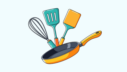 Cartoon kitchen tools frying pan whisk and spatulas isolated on white