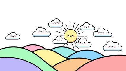 Cartoon landscape with smiling sun clouds and colorful hills digital illustration