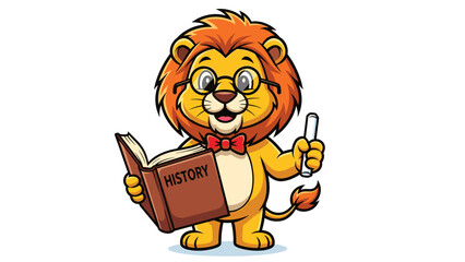 Cartoon lion reading history book and holding chalk against white background