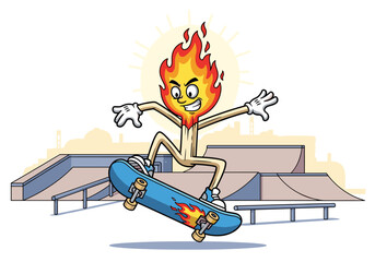 Cartoon matchstick character skateboarding at skatepark against a city backdrop