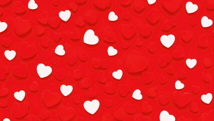 A pattern of white hearts on a red background
