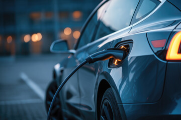 Close up of power supply plugged into an electric car being charged for hybrid.