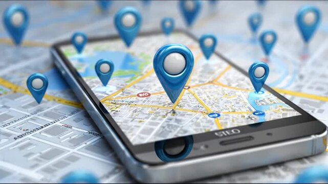 A smartphone with a map on its screen displaying various blue location markers lies on a larger version of the same map