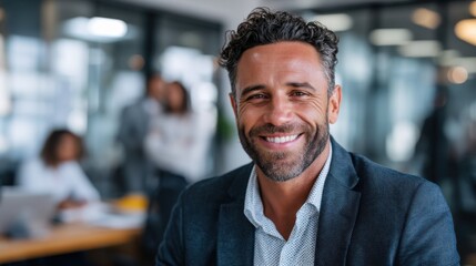 Smiling adult male in office setting with colleagues in background.