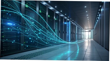 "Futuristic Data Center Corridor with Flowing Digital Data Streams"
