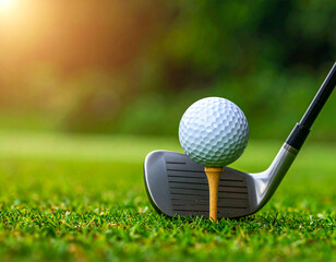 Golf club and ball on tee on green grass
芝生の上のゴルフクラブとボール