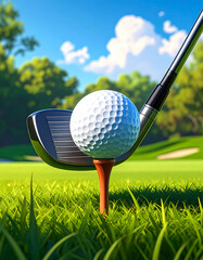 Golf club hitting ball on tee
ティーに乗ったゴルフボールとクラブ