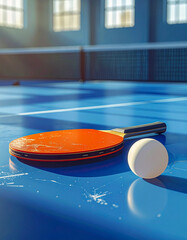 Table tennis paddle and ball on blue court
青いコートの卓球ラケットとボール