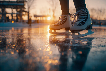Ice skates in action closeup outdoors. Classic figure ice skates on frozen lake outdoors in evening ligh.