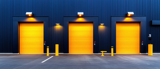 Three bright yellow industrial warehouse loading dock doors