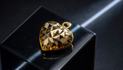 Luxurious faceted golden heart pendant shimmering on a sleek black surface, a dazzling symbol of affection and elegance in jewelry photography