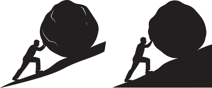 Black silhouette illustrations of two men pushing boulders up hills on isolated on