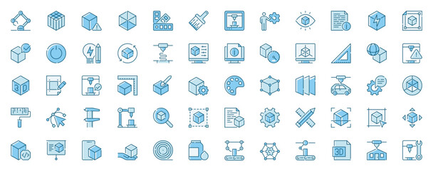 3d printing web icons set in line design. Duotone pictogram pack of cube shape, printer, digital modelling, rapid prototype, additive manufacturing, more outline stroke signs. Vector illustration.