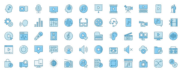 Audio and Video web icons set in line design. Duotone pictogram pack of music, cinema ticket, microphone, headphones, melody, camera record, editing, more outline stroke signs. Vector illustration. © alexdndz
