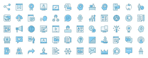Blogger influencer web icons set in line design. Duotone pictogram pack of link share, follower subscribes, post, content creator, cloud, processing, more outline stroke signs. Vector illustration.
