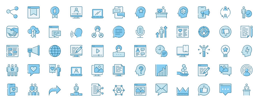 Blogger influencer web icons set in line design. Duotone pictogram pack of link share, follower subscribes, post, content creator, cloud, processing, more outline stroke signs. Vector illustration.