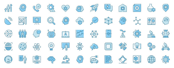 Innovation technology web icons set in line design. Duotone pictogram pack of startup, artificial intelligence, creativity process, fingerprint scan, more outline stroke signs. Vector illustration. © alexdndz