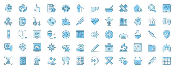 Medical and medicine web icons set in line design. Duotone pictogram pack of doctor, patient, support, care, injury, medicare, treatment, ambulance, more outline stroke signs. Vector illustration.