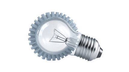 Industrial 3D light bulb with a silver gear symbolizing a technical solution isolated on transparent background.

