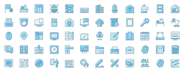 Office workspace web icons set in line design. Duotone pictogram pack of desk, computer, employee, lift, finger scanner, keyboard, chair, stationery, more outline stroke signs. Vector illustration.