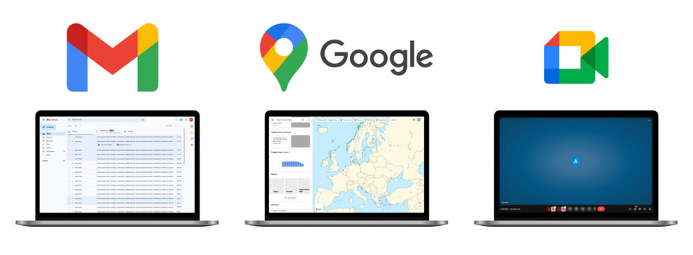 Google Workspace Web and Mac Mockup Showing Gmail, Maps and Meet Interfaces on Laptop
Modern Google Apps UI Mockup for Web and macOS Productivity and Online Services