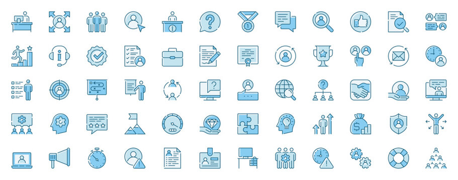 Management headhunting web icons set in line design. Duotone pictogram pack of office, job interview, development, career, employment, contract, offer, more outline stroke signs. Vector illustration.