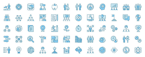 Plakat Teamwork community web icons set in line design. Duotone pictogram pack of career development, target, communication, partnership, meeting, leadership, more outline stroke signs. Vector illustration.