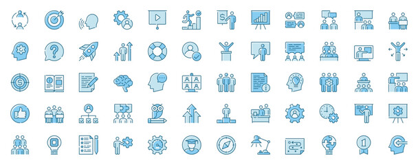 Training workshop web icons set in line design. Duotone pictogram pack of sharing experience, conference, coaching, collaboration, target, productivity, more outline stroke signs. Vector illustration.