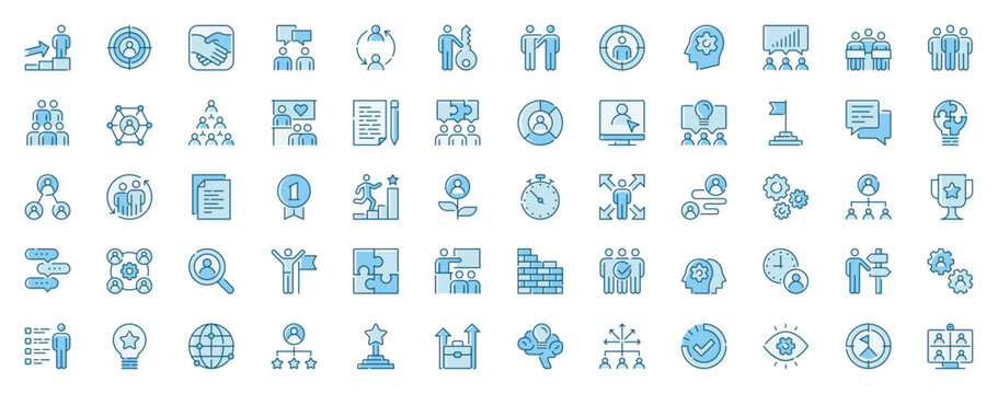Teamwork community web icons set in line design. Duotone pictogram pack of career development, target, communication, partnership, meeting, leadership, more outline stroke signs. Vector illustration.