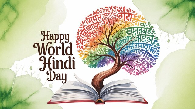 Colorful World Hindi Day design with tree of words.