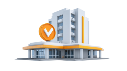 Modern 3D commercial building with an orange checkmark sign isolated on transparent background.

