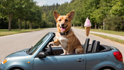 Fr&ouml;hlicher Corgi Hund f&auml;hrt ein blaues Cabriolet mit schwebendem Eis