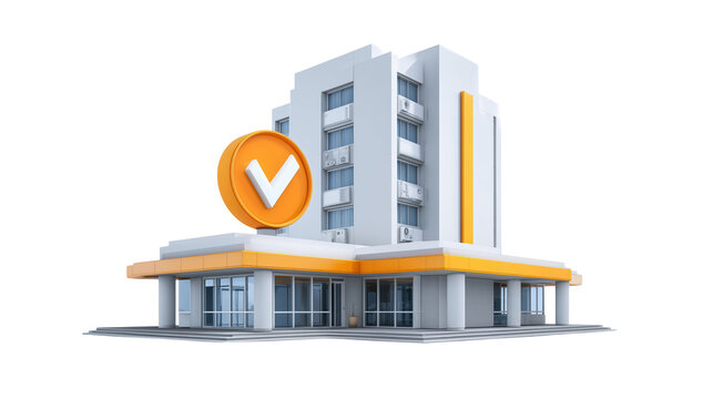 Modern 3D commercial building with an orange checkmark sign isolated on transparent background.

