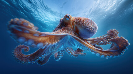Octopus swimming deep blue ocean marine life
