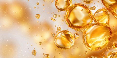 Fototapeta premium Golden oil bubbles forming abstract skincare texture background