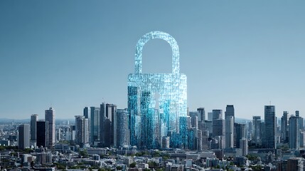 Digital cityscape with an overlay of a glowing padlock, symbolizing cybersecurity in urban areas