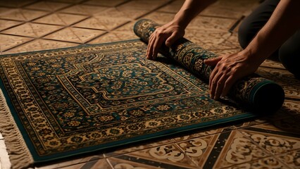 Person's hands rolling up a traditional prayer mat (sejadah) on a wooden floor. Concept of tidying after prayer or for Ramadan/Eid.