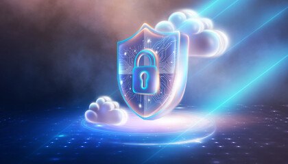 Network security system, cloud, neon. Personal data information. Technology services in information and cybersecurity. Internet technologies.