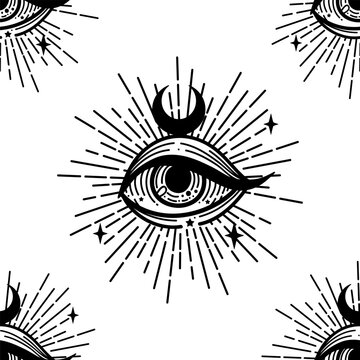 Evil eye pattern. Eye of Providence. Lineart Vector illustration. Magic celestial witchcraft symbol. Masonic symbol. Hand drawn logo or emblem