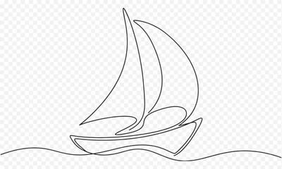 Minimalist Continuous One Line Drawing of a Sailboat on Ocean Waves, Modern Nautical Yacht Illustration for Wall Art, Logo, and Branding Design Vector